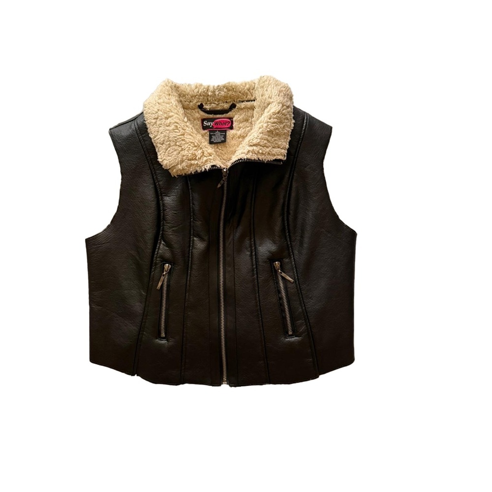 Y2K Vintage Brown Faux Leather Vest with Shearling Collar
